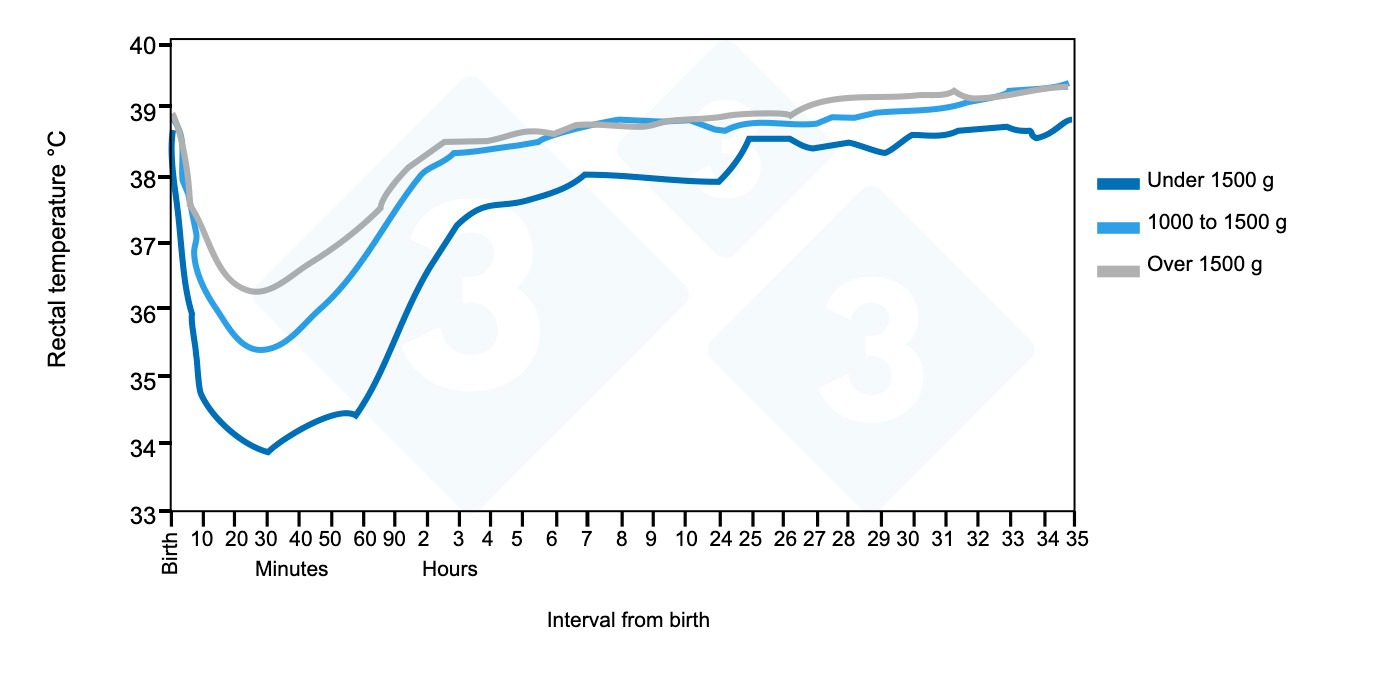 <p>Figure 2. Rectal temperature trends from birth to 35 hours of age in relation to weight group at birth. Source: Pattison, English, MacPherson, and Birnie 1989.</p>