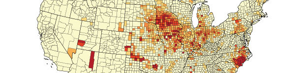 Hog and Pig sales as percentual agriculture sales, by County, 2012