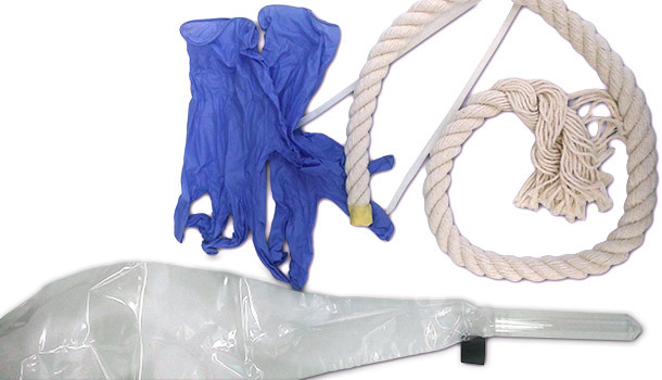 Content of collection kits disposable gloves, rope and tube connected with plastic bag