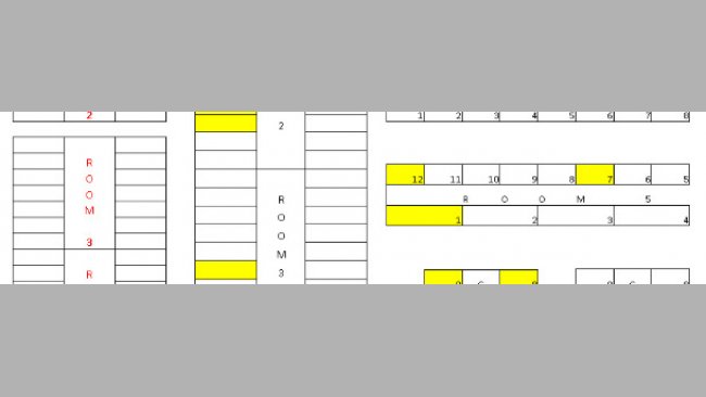 Map of the farm. The pens holding any tagged animal are shown in yellow