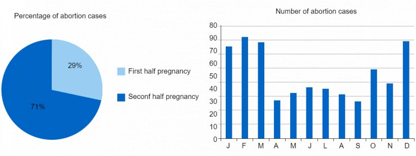 The pie chart represents the percentage of abortions in the first and second stage of pregnancy, respectively. The bar chart represents the seasonality of abortions.