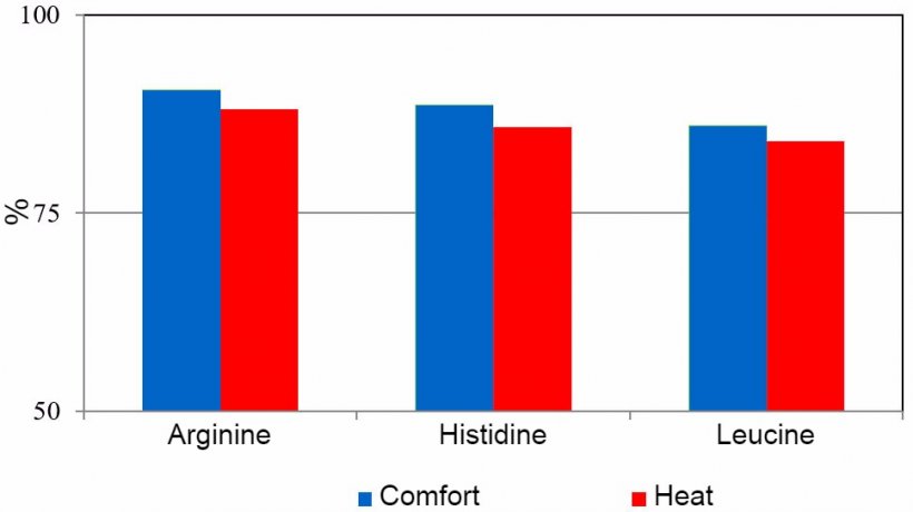 Apparent amino acid digestibility in pigs exposed to&nbsp; comfort ambient temperature (24 &plusmn; 2 &deg;C) or heat stress (daily variation of 30 to 42 &deg;C).
