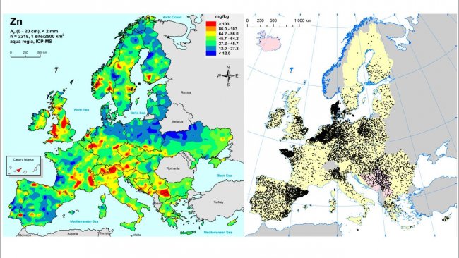 Left: Zinc in EU agricultural soils (Gemas 2014): Top soil zinc levels (top 20cm) in agricultural land in Europe (Taken from Reimann et al., 2014).

Right: EU sow herds (Eurostat, 2014).
