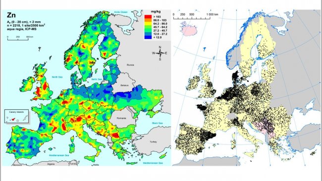 Left: Zinc in EU agricultural soils (Gemas 2014): Top soil zinc levels (top 20cm) in agricultural land in Europe (Taken from Reimann et al., 2014).
Right: EU sow herds (Eurostat, 2014).