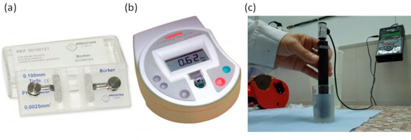 Figure&nbsp;1. Equipment to measure semen&nbsp;concentration. (a) Haemacytometer: (A)&nbsp;B&uuml;rker&nbsp;Chamber for manual cell counting. (B) Colorimeter: electronic measurement through&nbsp;calculation of absorbance. (C) Measure of spermatic concentration directly in diluted semen.
