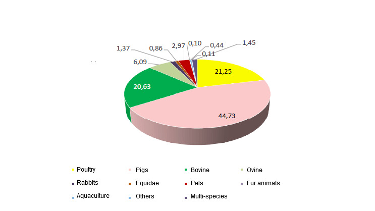 National feed production in 2016: percent share per species
