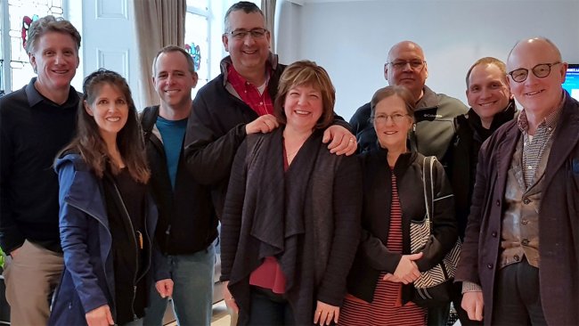 Indiana visitors to Farmex’s Reading headquarters (left to right): Ed Bahler, CEO Summit Livestock; Annette Bahler; Loren Honegger, senior engineer, Summit Livestock; Jon Hoek, director, summit Livestock; Laureen Hoek; Lorene Furrer; Brian Furrer, pig farmer from Indiana; Matt Williams, sales director, Heartland Builders; Hugh Crabtree of Farmex.