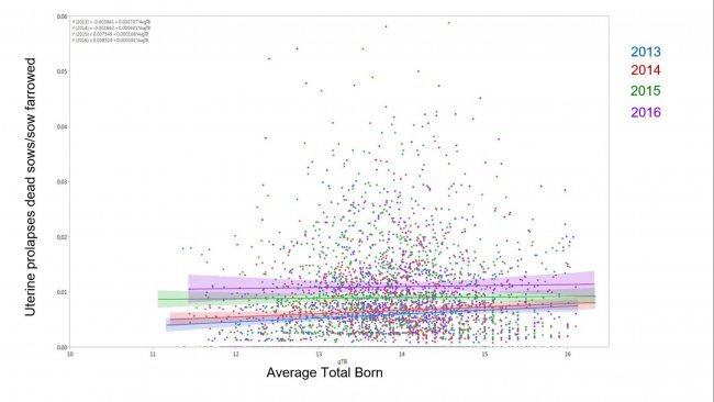 Fig 1. Model results of ratio of sow death with uterine prolapses per sow farrowed by average total born across years (Mean±95%CI) 2014, 2015, 2016, and 2017