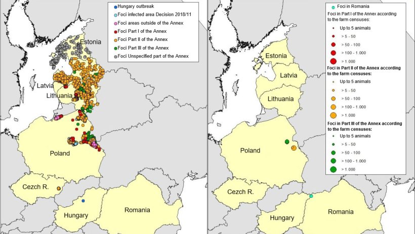 Bản đồ các ổ ASF ở lợn rừng (trái) và lợn nhà (phải) được thông báo tại Estonia, Latvia, Lithuania, Ba Lan, Cộng hòa Séc và Romania năm 2018 (đến ngày 25 tháng 4 năm 2018) (Nguồn: RASVE-ADNS)
