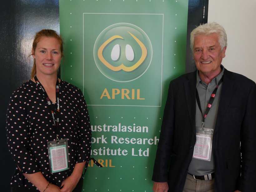Dr Alice Weaver with Acting APRIL CEO Dr Roger Campbell at the 2018 Pan Pacific Pork Expo. Dr Weaver&rsquo;s University of Adelaide PhD was supported by Pork CRC and in 2016 she was the first Industry Placement Program appointment under South Australian Government funding to Pork CRC.
