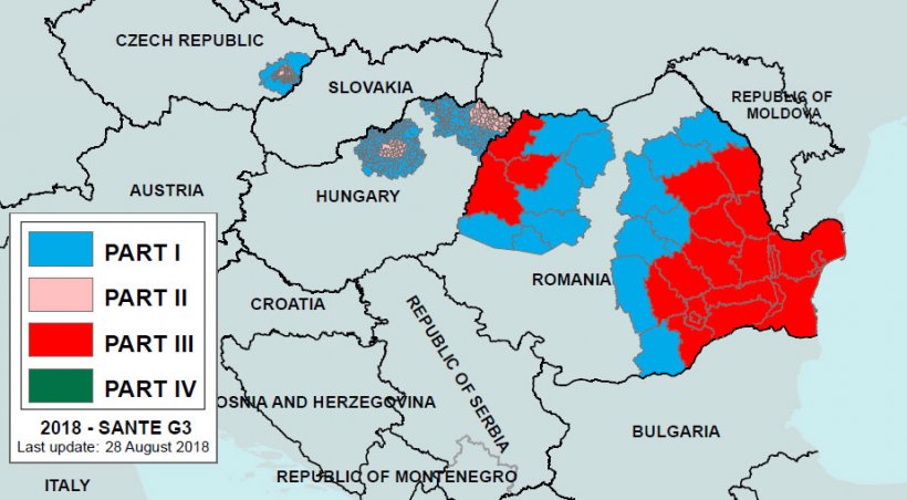 Image&nbsp;2. ASF regionalisation in Romania&nbsp; and sorrounding countries declared on August 28th, 2018.&nbsp;Part I: higher risk area with no outbreaks. Part III: occurrence of ASF in both domestic pigs and wild boar. Source: European Commission.
