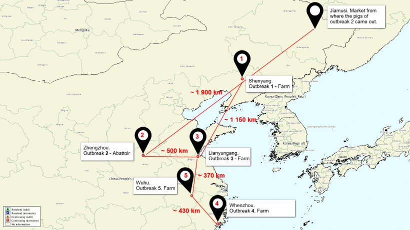 Map of the situation of the ASF outbreaks in China
