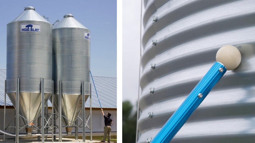 Hog Slat&rsquo;s Bin Stik easily notes the noise difference between empty and filled ridges of the bin, quickly revealing internal feed bin content levels from the ground
