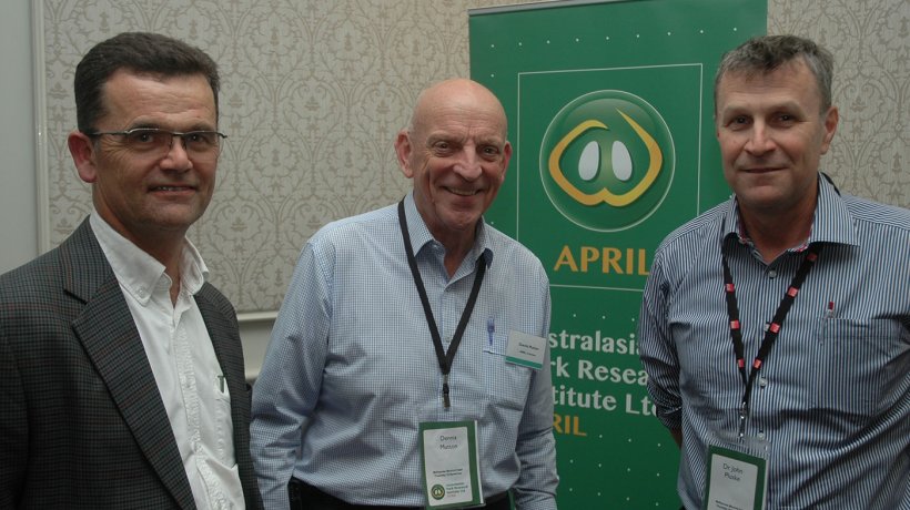 APRIL CEO &amp; Chief Scientist, Prof John Pluske (right) described the ARC grant as significant, with improving pig welfare a hot button issue in the Australasian pork industry. He was pictured in Melbourne at the recent APRIL stakeholders&rsquo; day with APRIL Chairman Dennis Mutton (centre) and APRIL Manager Commercialisation and Research Impact, Dr Charles Rikard-Bell.
