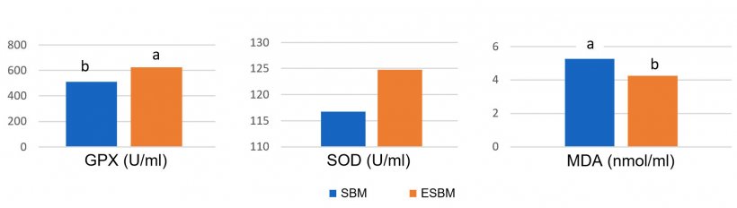 Graph1: Feeding enzymatically treated soy (ESBM) with low soy antigen content resulted in higher plasma concentrations of antioxidant enzymes and lower malonyl dialdehyde (MDA), a marker of oxidative damage, on day 14 after weaning compared to soybean meal with higher antigen level. (Ma et al., 2018)
