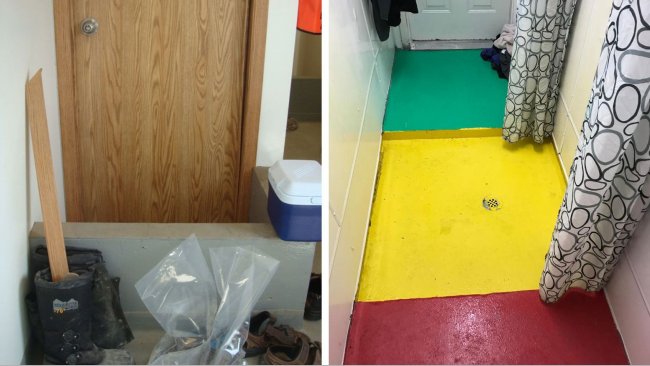 Left: Separation of zones within a farm. The small wall reminds workers of the mandatory shoe change point between the entrance of the farm (dirty) and the shower area. Picture courtesy Dr. Tim Snider. Right: Example of separation of zones within shower area. Red = Dirty Zone; Yellow = Intermediate Zone; Green = Clean Zone. Picture courtesy of Mike Luyks, Kaslo Bay, PIC Boar Stud, Canada.