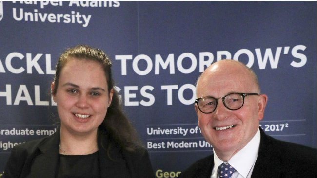Engineering student and scholarship recipient, Anita Woolf, with Farmex managing director, Hugh Crabtree, at an awards ceremony at Harper Adams University.