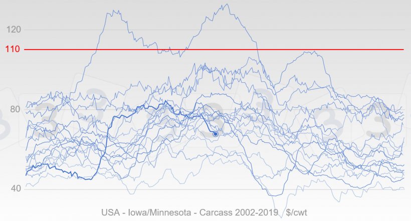 Graphic 3. Evolution of pig price in USA since 2002 in blue, the thick line represents the prices&nbsp;of 2019. In red is the median value of the responses received by the 333 poll done about the maximum pig price in 2019.
