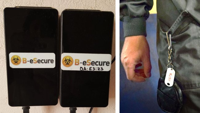 Figure 1. Illustration of system installation. Devices were installed on the wall to monitor individual rooms (left), and beacons were worn individually by farm employees (right).