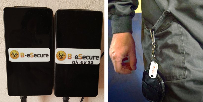 Figure 1. Illustration of system installation. Devices were installed on the wall to monitor individual rooms (left), and beacons were worn individually by farm employees (right).
