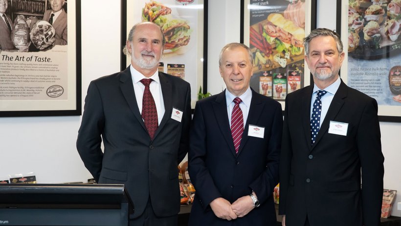 D&#39;Orsogna Board Members Massimo Valentini, Tony Iannello (Chair) and Marco D&#39;Orsogna at D&rsquo;Orsogna&rsquo;s $66 million food manufacturing facility at Merrifield Business Park, Melbourne.
