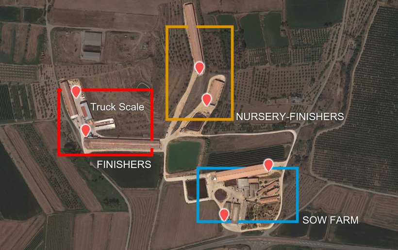 Picture 2. Distribution of the production phases by building and original load-ins and load-outs (red pointers)
