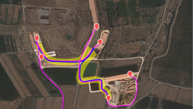 Picture 3. Current flow pattern of animal movement vehicles. The internal truck has been represented in blue and the external in fucsia. Area in yellow highlights the cross-contamination risk area.
