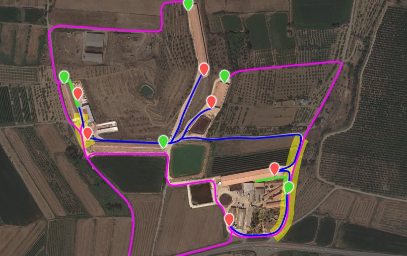 Picture 7. Proposed modification lay-out incorporating the new load-outs (green pointers). The cross-contamination risk area (highlighted in yellow) between the internal truck (blue) and the external truck (fucsia) has been reduced to 2 small areas due to the opening / adaptation of roads and the modification of the fence.
