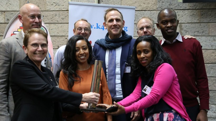 The ILRI Communication and Knowledge Management team receiving the 2019 International Knowledge Management Award (photo credit: ILRI/Job Mainye).
