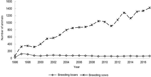 Figure 1. Census of Gascon pig breed, presenting number of sows and boars per year, starting with the year of herdbook establishment.