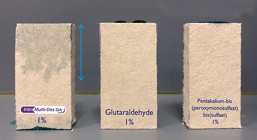 Figure 2. The droplet dispersion and penetration properties of 1% Intra Multi-Des GA, 1% glutaraldehyde and 1% of the control product into a porous material. The blue arrow indicates the large penetration distance of Intra Multi-Des GA.
