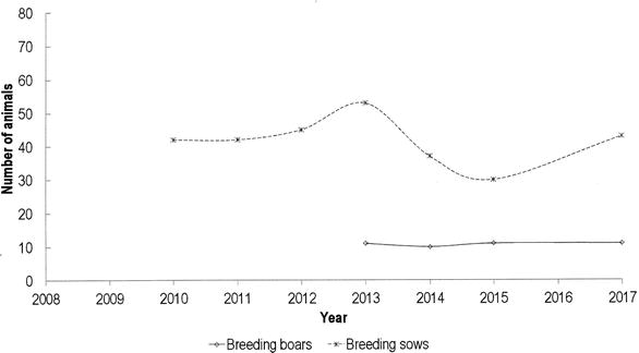 Figure 1. Census of Lietuvos vietinė pig breed, presenting a number of sows and boars per year, starting with the year of heard book establishment.
