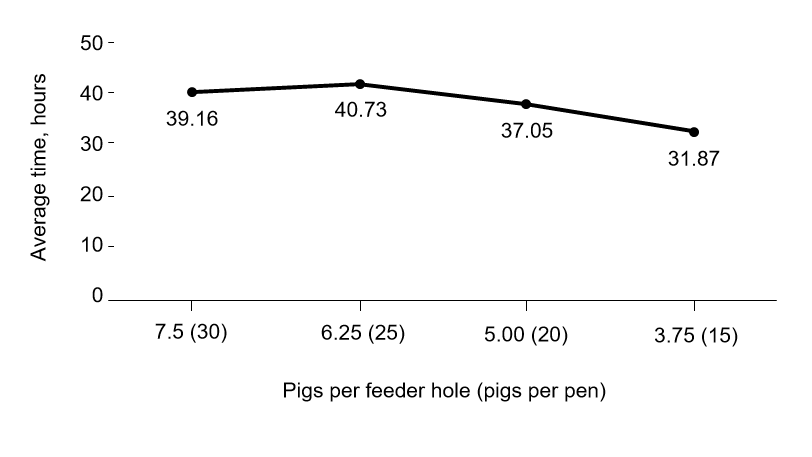 Figure 1. Average time to the onset of feed intake according to the number of pigs per feeder hole and pigs per pen during the nursery period. Linear, P &lt; 0.001; Quadratic, P = 0.081.
