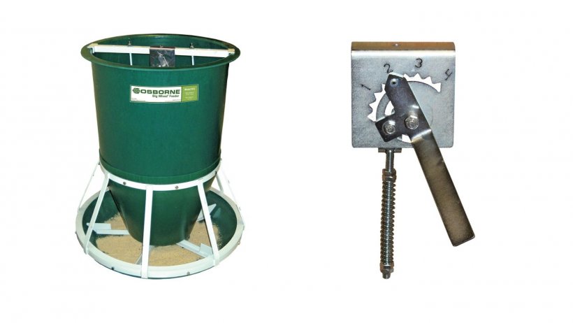 Big Wheel&reg; Pig Feeder (left) and Feed Flow Control (right) featuring an easy-to-read numbered position system for making microadjustments to feed flow.
