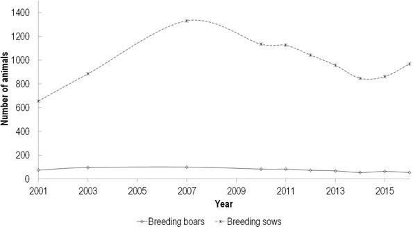 Figure 1. Census of Porc Negre Mallorqu&iacute; pig breed, presenting number of sows and boars per year, starting with the year of herd book establishment.
