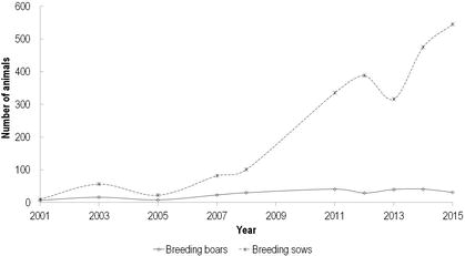 Figure 1. Census of Casertana pig breed, presenting a number of sows and boars per year, starting with the year of herdbook establishment.

