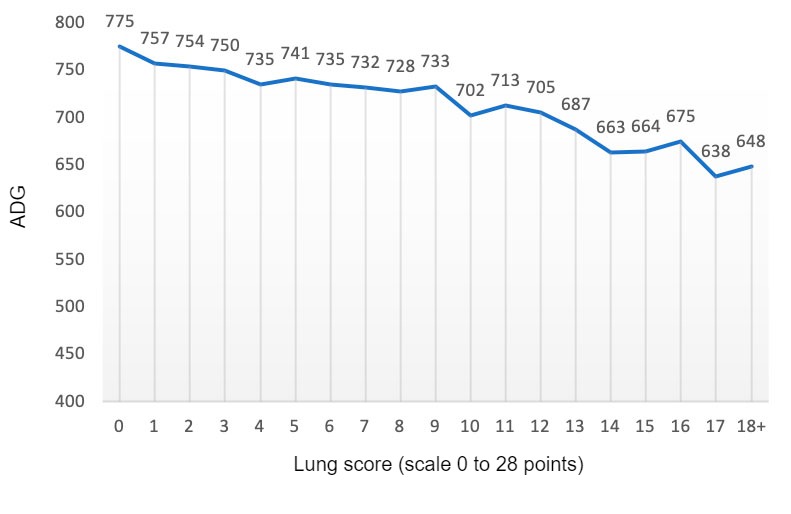 Figure 2: ADG value (grams) in relation to the lung score (scale of &nbsp;0 to&nbsp;28 points). Adapted by Pagot et al. (2007).
