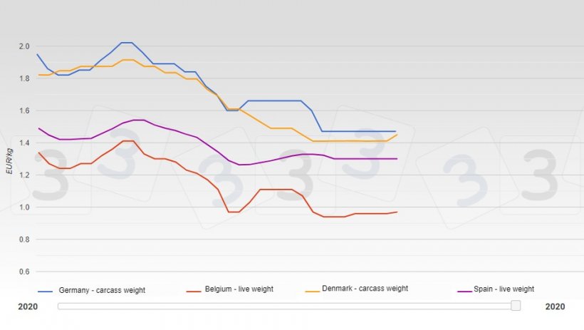 Evolution of pig prices in several European countries from January to August 2020.
