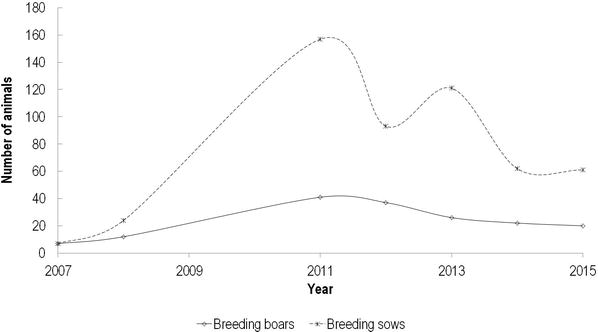 Figure 1. Census of Sarda pig breed, presenting number of sows and boars per year, starting with the year of heard book establishment.
