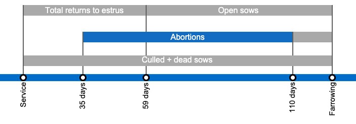 Types of gestation losses that can lower the farrowing rate, detailing the different types of returns to estrus based on when they occur.
