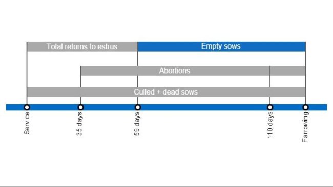 Types of gestation losses that can lower the farrowing rate, detailing the different types of returns to estrus based on when they occur.