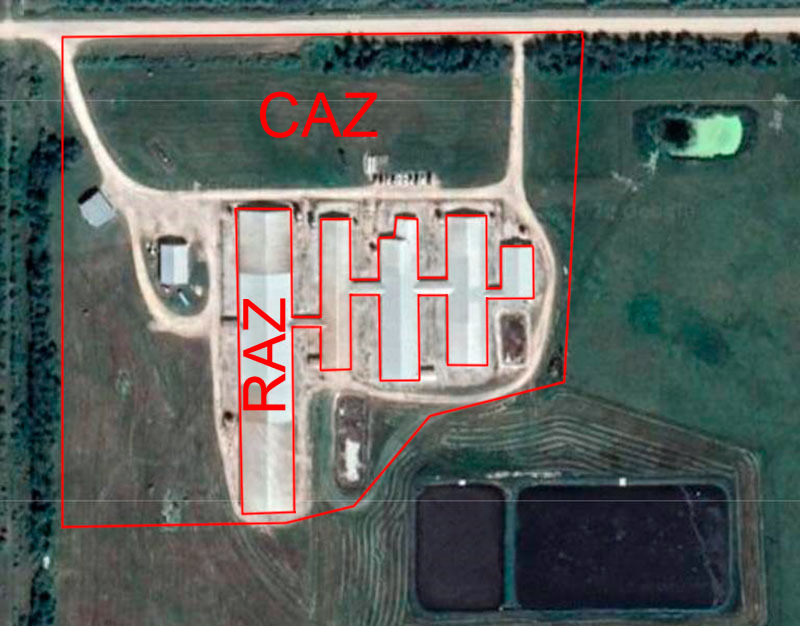 Image 1. Restricted access zone (RAZ) and controlled access zone (CAZ) of a farm. Dirty/clean farm boundaries. https://www.cpc-ccp.com/visitor-and-farm-biosecurity
