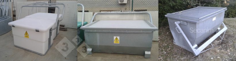 Image 4-6 (from left to right). Example of a 500-liter plastic container, example of a 1500-liter galvanised sheet metal container, example of a 1000-liter galvanised sheet metal container. Photos courtesy of Secanim (Spain).
