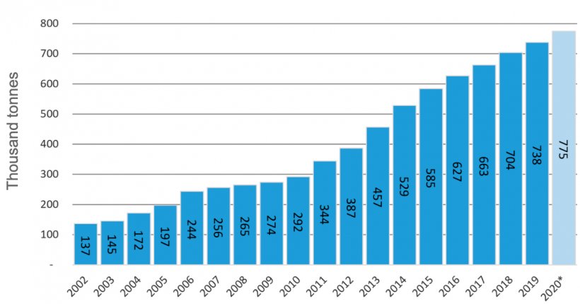 Graph 1. Evolution of production 2002/20. Source: Ministry of Agriculture, Livestock and Fisheries of Argentina (MAGyP) and own data - Year 2020 projected data.
