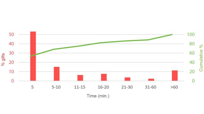 Image 1. Time taken by the boar to detect gilts in heat after being introduced into the pen. P. English, 1986
