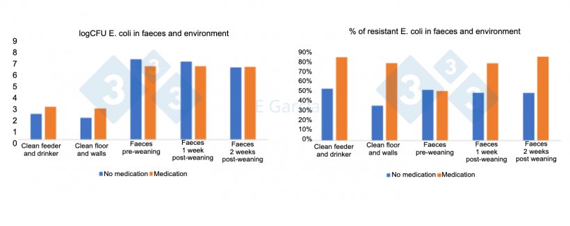 Figure 2. Levels of E coli and percentage of resistance in drinkers, feeders, floor, walls, and faeces in farms using or not using in-feed antibiotics and zinc oxide.
