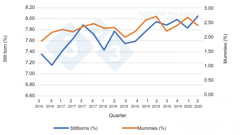 Graph&nbsp;3.&nbsp;Percentages of stillbirths and mummies by quarter of mating, mating period July 16-June 20.
