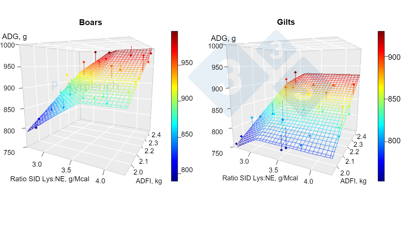 <p><span>Figure&nbsp;1. Modeling the effect of lysine to energy ratio and average daily consumption in entire males and females between 70 and&nbsp;105 kg LW&nbsp;(Aymerich et al., 2020).</span></p>
