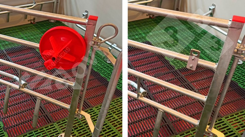 Figure 1. Feeder hanging on gate (left) and metal mount (right).
