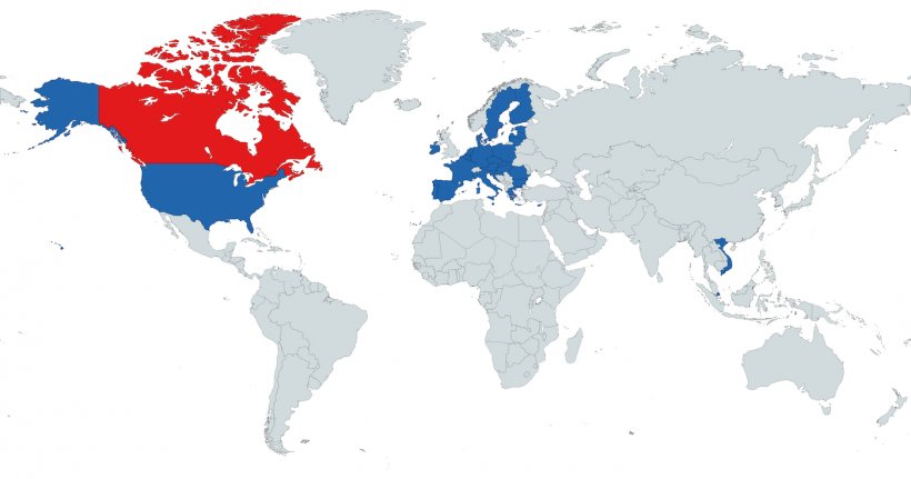 Figure 1. The countries with which Canada has ASF zoning agreements (Vietnam, Singapore, the&nbsp;EU, and United States).
